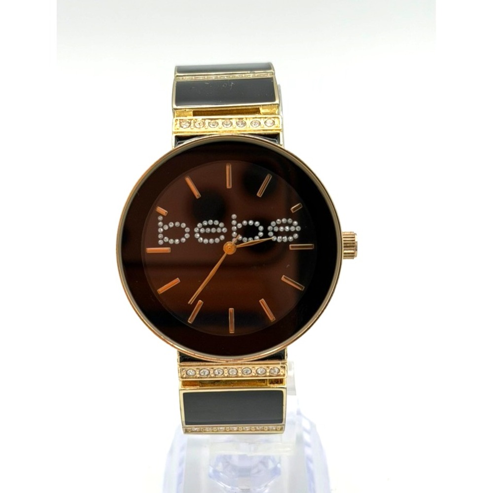 bebe BEB9165BU Women's Gold Tone Black Rhinestone Bracelet Watch Running